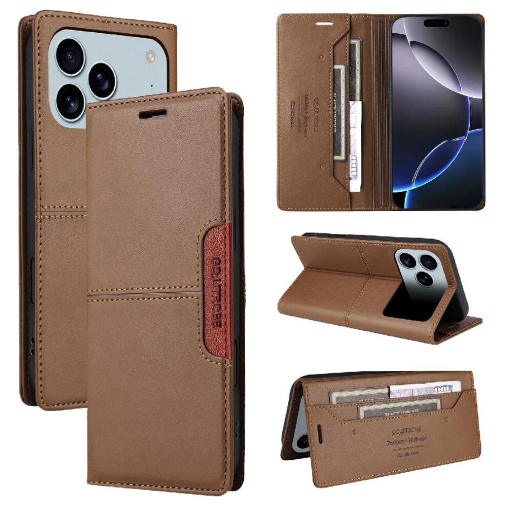 (Brown) Flip Case For Iphone 17 Pro Max Rfid Blocking Flip Cover Shockproof Wallet Brown 764563143252