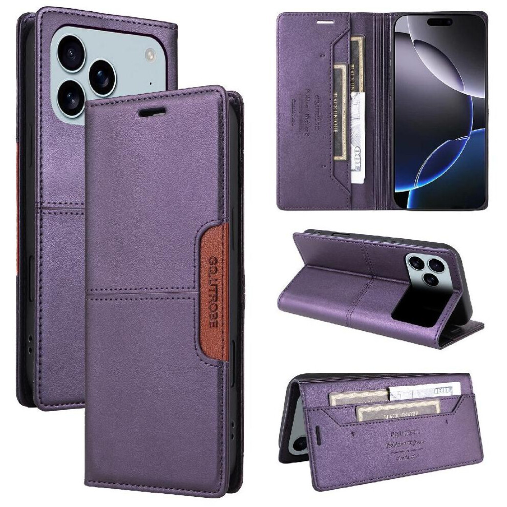 (Purple) Flip Case For Iphone 17 Pro Max Rfid Blocking Flip Cover Shockproof Wallet Purple 764563143283