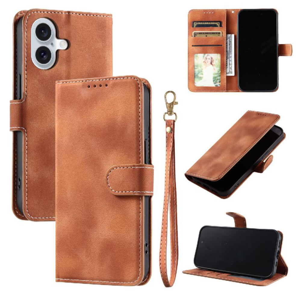 (Brown) Flip Case For Iphone 17 Wrist Strap Kickstand Magnetic Pu Leather Wallet Card Slots Brown 764563144266