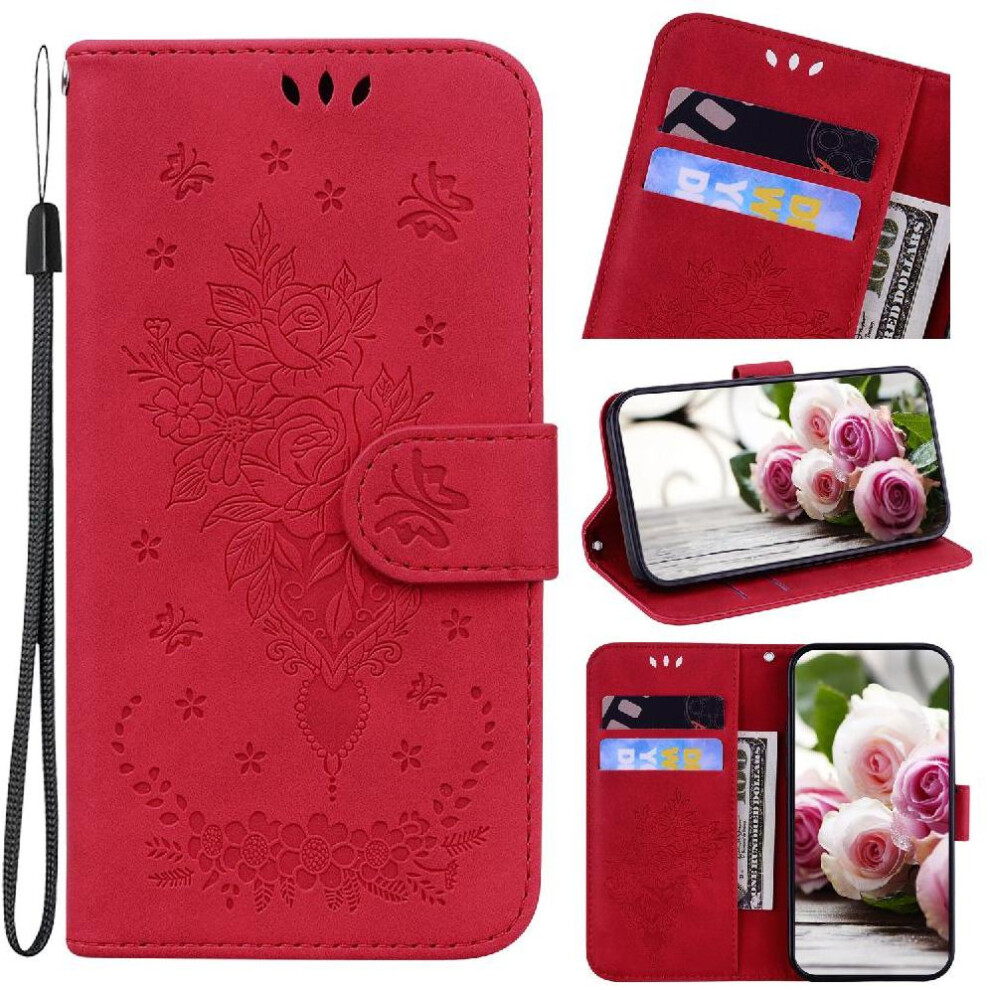 Photos - Case   for iphone 17 Pro Kickstand Card Slots Flip Pu Leather Cover Emboss Rose Flowers Wallet (Red)