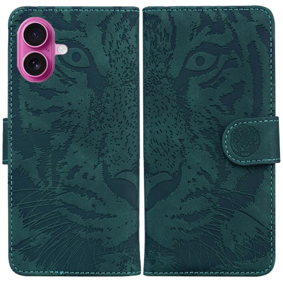 (Green) Flip Case For Iphone 17 Kickstand Protective Embossed Cute Tiger Leather Wallet Green 764563145799