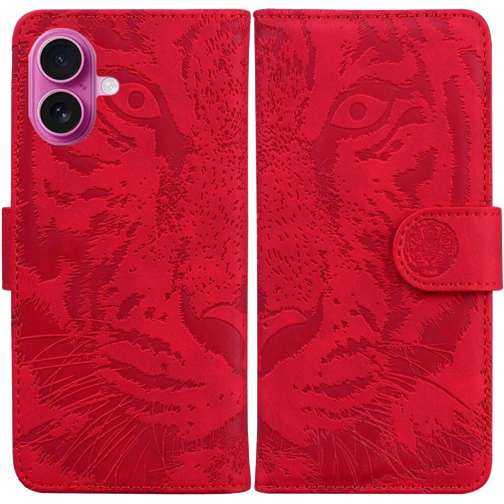 (Red) Flip Case For Iphone 17 Kickstand Protective Embossed Cute Tiger Leather Wallet Red 764563145782