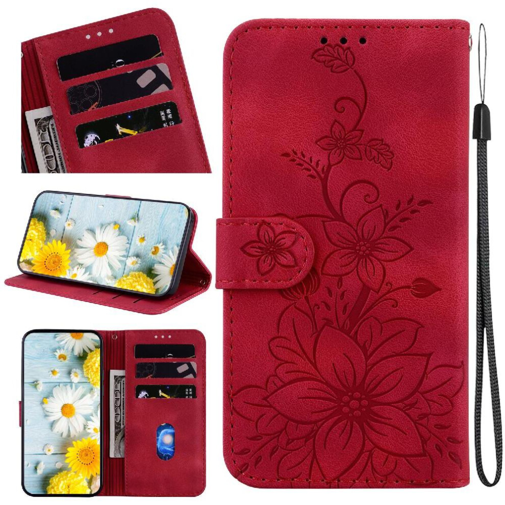 (Red) Flip Case For Iphone 17 Air Embossed Lily Wallet Magnetic Card Holder Kickstand Red 764563147236