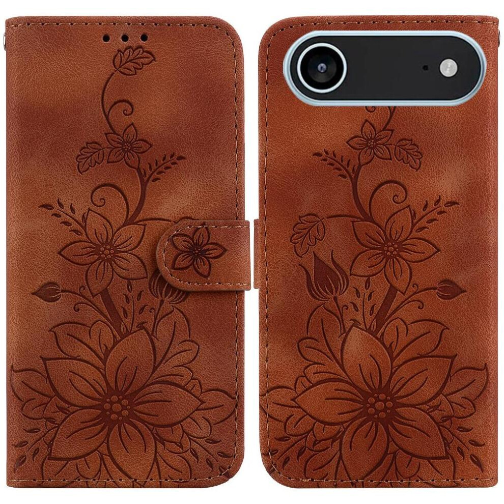 (Brown) Flip Case For Iphone 17 Air Embossed Lily Wallet Magnetic Card Holder Kickstand Brown 764563147205