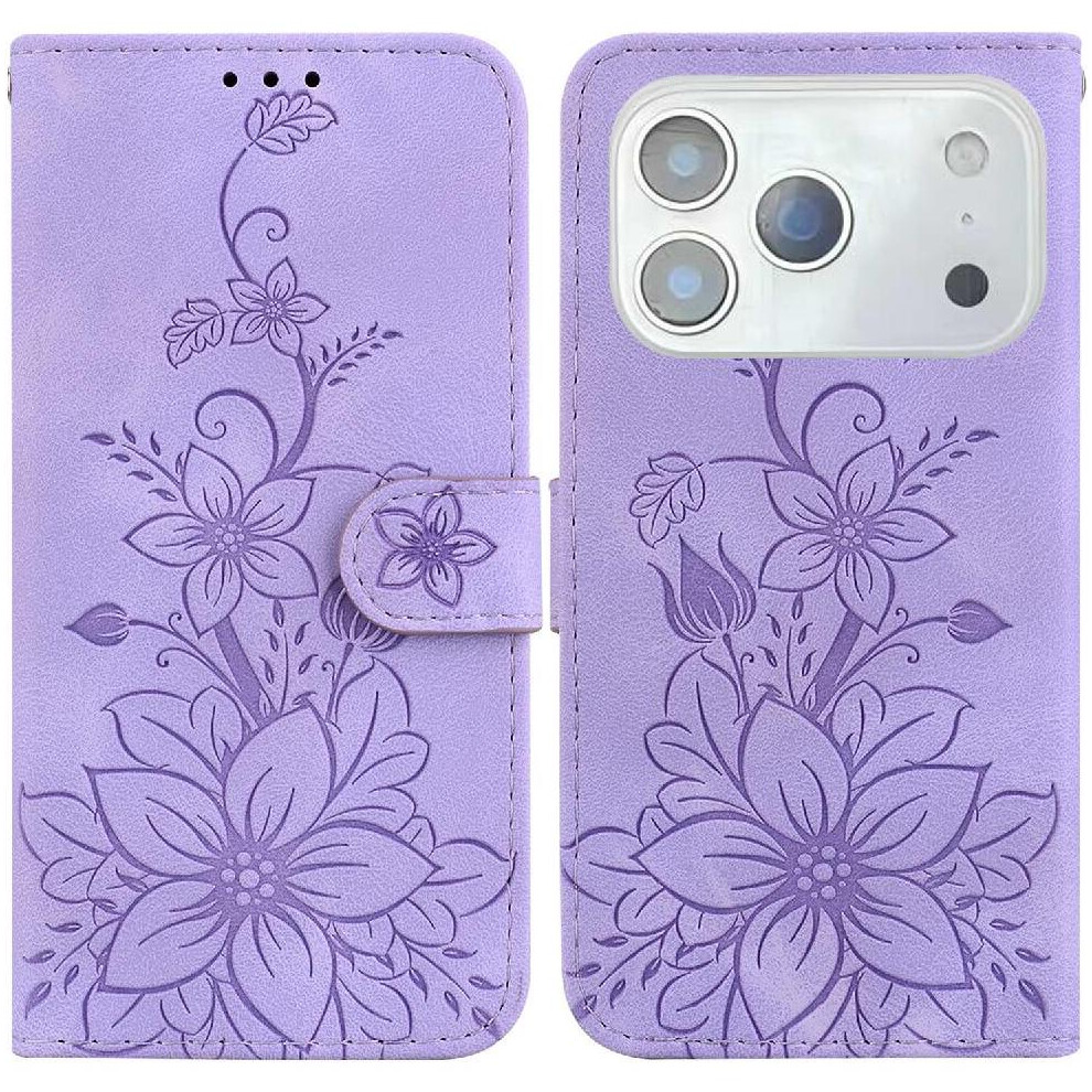 (Purple) Flip Case For Iphone 17 Pro Max Kickstand Card Holder Wallet Magnetic Embossed Lily Purple 764563147281