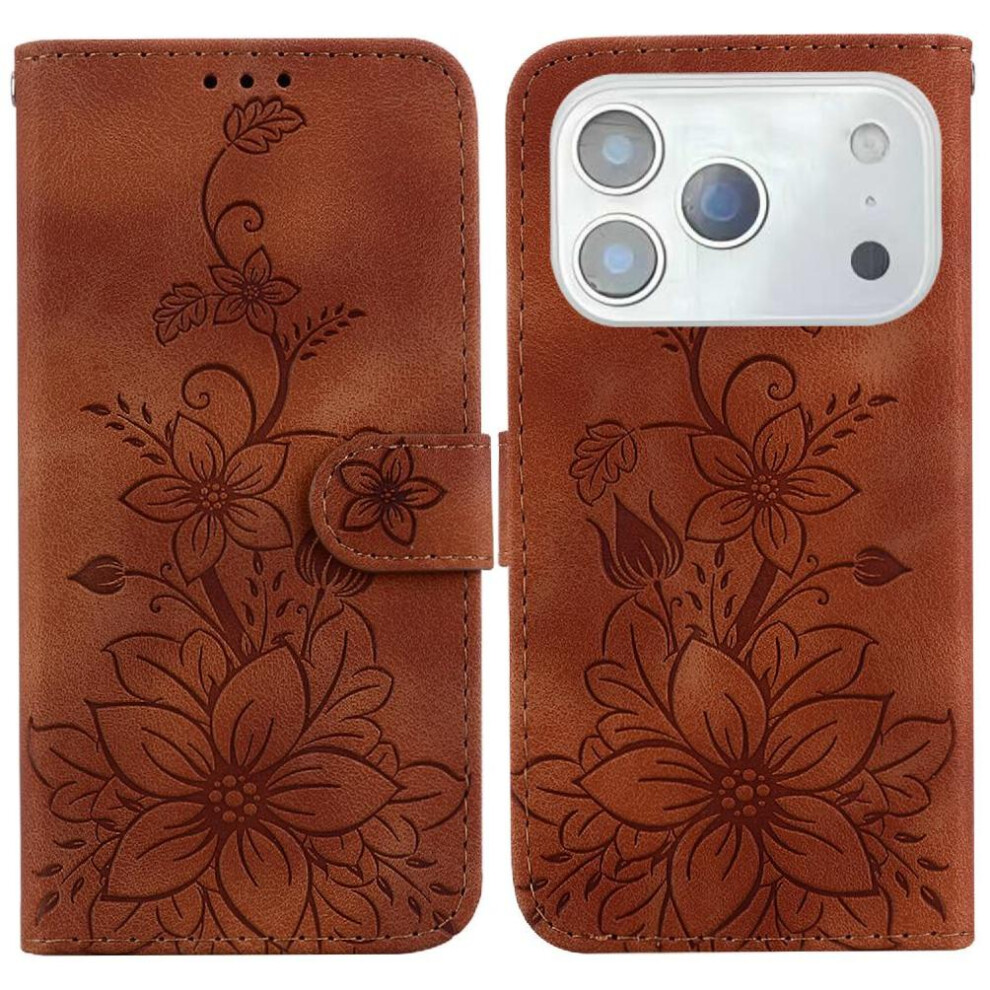 (Brown) Flip Case For Iphone 17 Pro Card Holder Kickstand Wallet Embossed Lily Magnetic Brown 764563147328