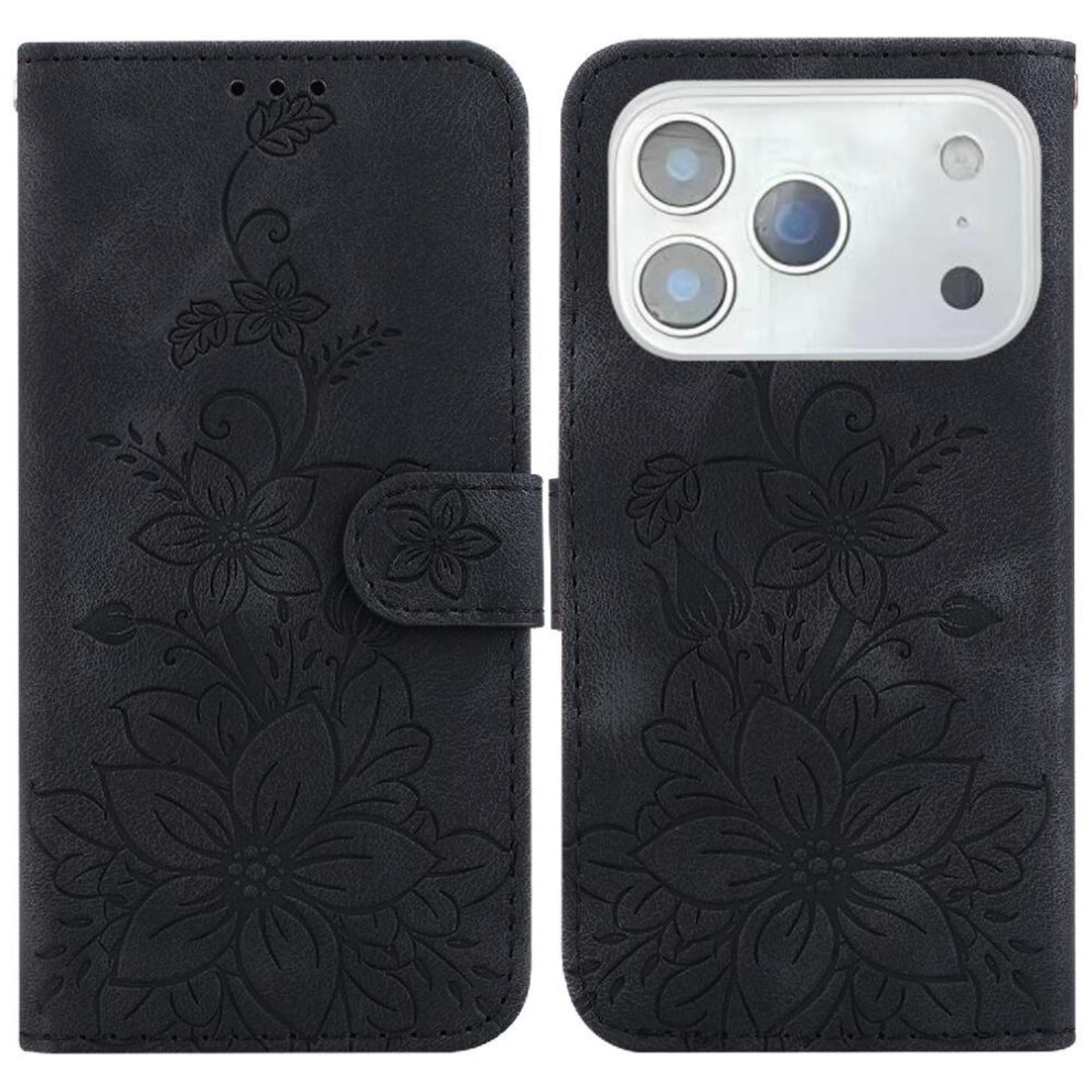 (Black) Flip Case For Iphone 17 Pro Card Holder Kickstand Wallet Embossed Lily Magnetic Black 764563147366