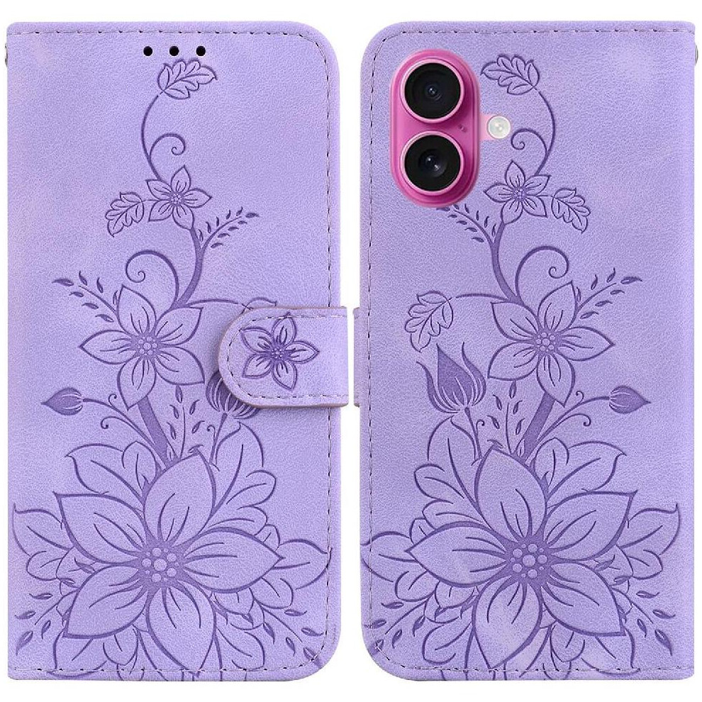 (Purple) Flip Case For Iphone 17 Wallet Card Holder Magnetic Kickstand Embossed Lily Purple 764563147403