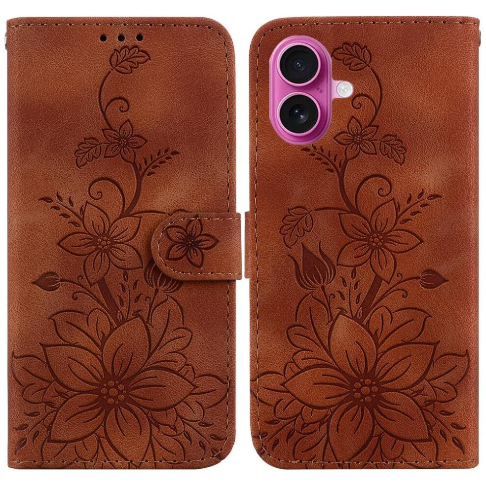 (Brown) Flip Case For Iphone 17 Wallet Card Holder Magnetic Kickstand Embossed Lily Brown 764563147380