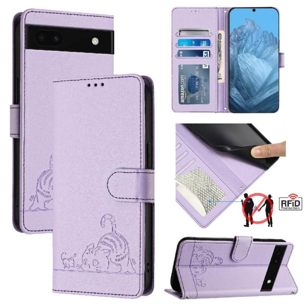 (Purple) Case For Google Pixel 6A Wallet Flip Cover Cat Rfid Card Slot Holder Kickstand Purple 764563149124