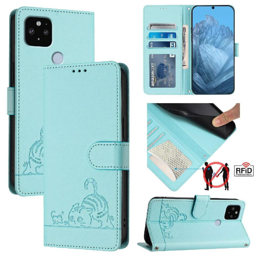 (Green) Case For Google Pixel 4A 5G Cat Rfid Card Slot Holder Kickstand Wallet Flip Cover Green 764563149384