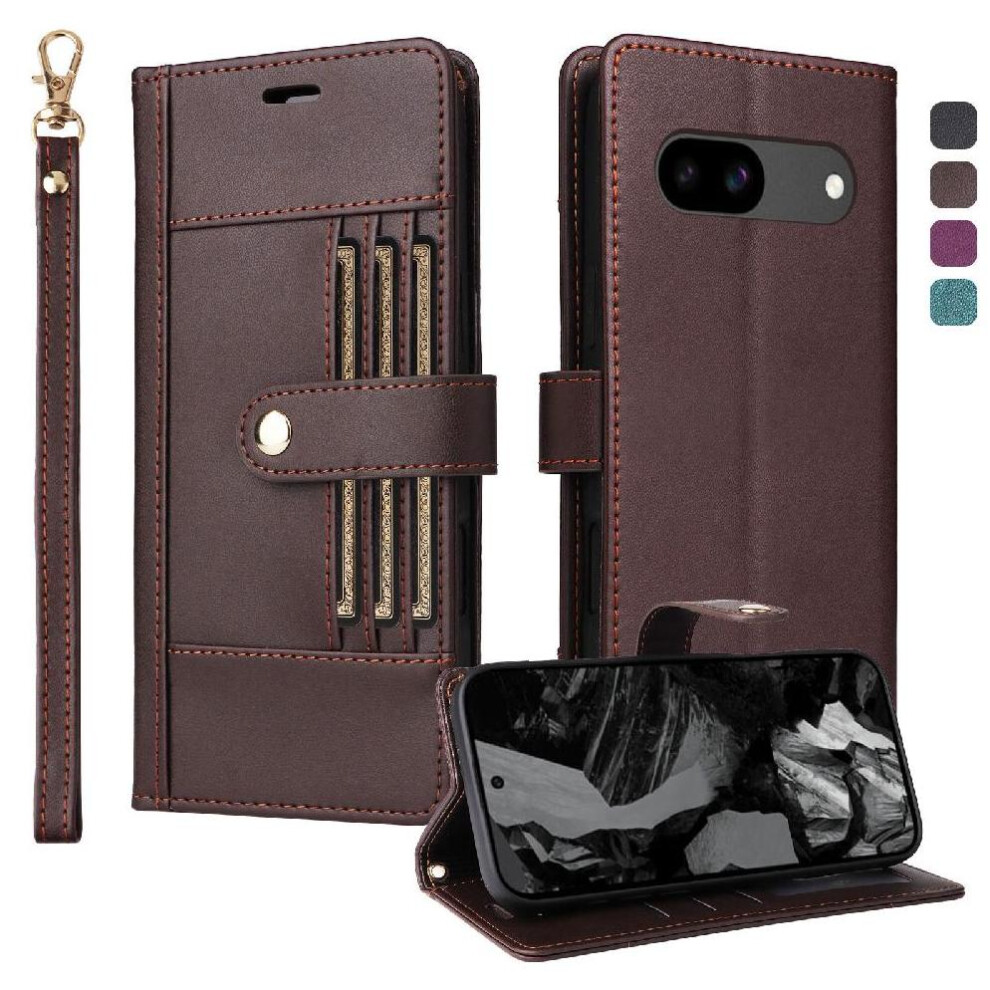 (Brown) Flip Case For Google Pixel 8A Rfid Blocking Functional Wallet Shockproof Wrist Strap Magnetic Closure Brown 764563150403