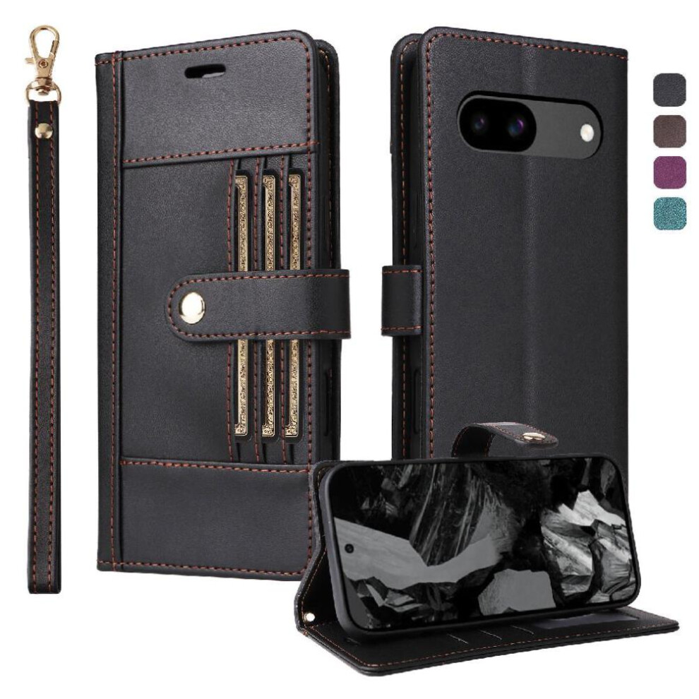 (Black) Flip Case For Google Pixel 8A Rfid Blocking Functional Wallet Shockproof Wrist Strap Magnetic Closure Black 764563150397