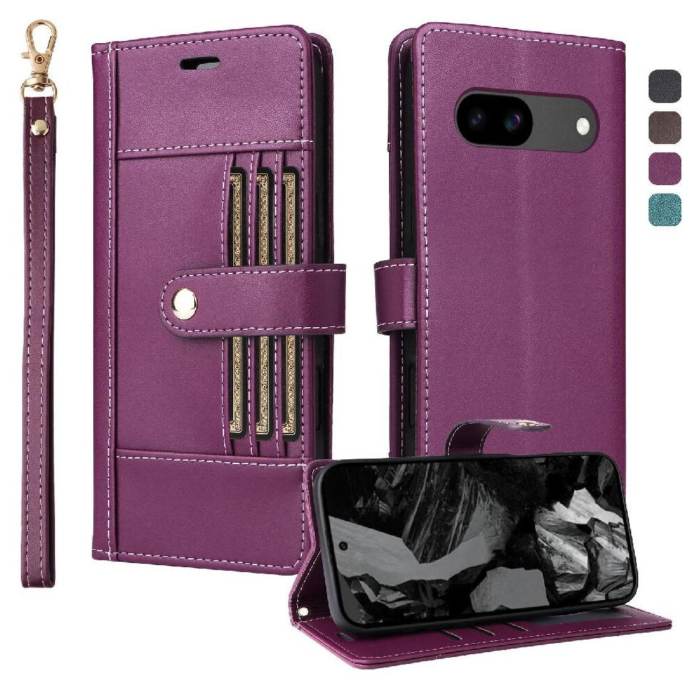 (Purple) Flip Case For Google Pixel 8A Rfid Blocking Functional Wallet Shockproof Wrist Strap Magnetic Closure Purple 764563150410