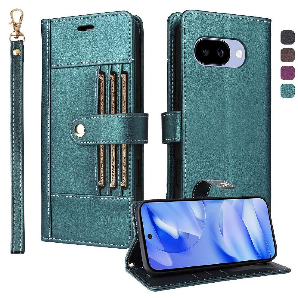 (Green) Flip Case For Google Pixel 9A Wrist Strap Magnetic Closure Rfid Blocking Shockproof Functional Wallet Green 764563150304