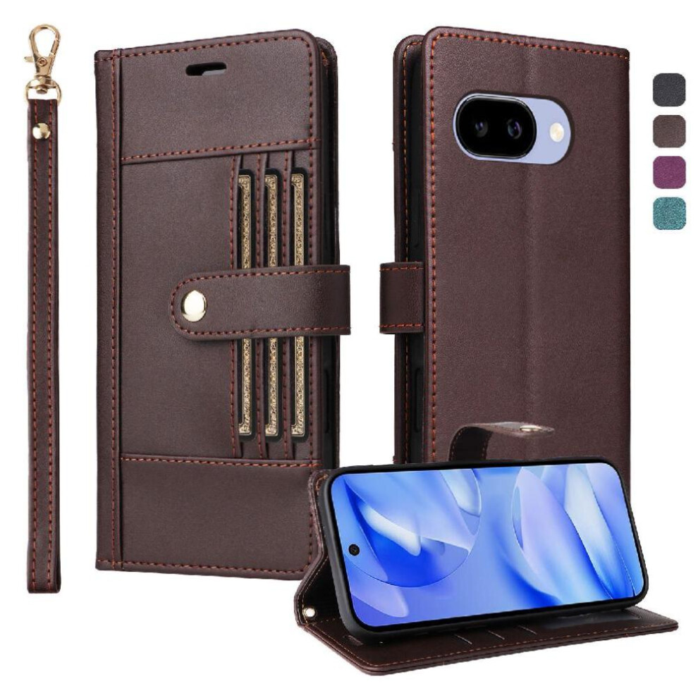 (Brown) Flip Case For Google Pixel 9A Wrist Strap Magnetic Closure Rfid Blocking Shockproof Functional Wallet Brown 764563150281