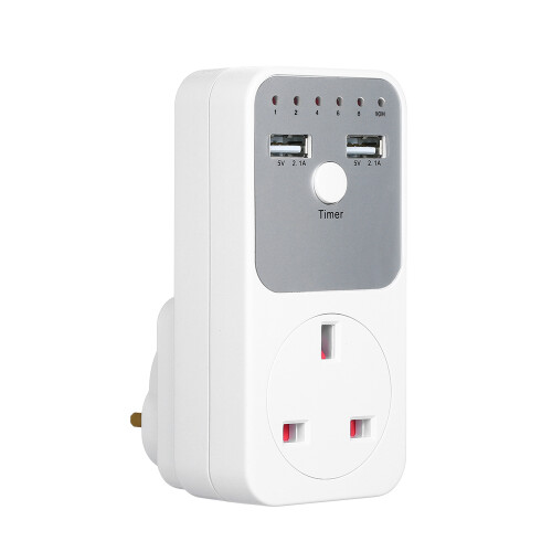 2 USB Ports Timer Socket UK Plug 5V 2.1A with Safe Timer Control