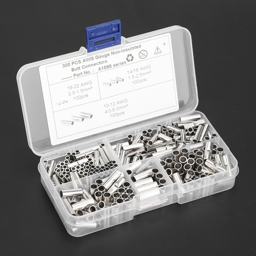 300Pcs Non Insulated Copper Butt Splice Wire Connectors Tinned Crimp Terminals 9321334154797