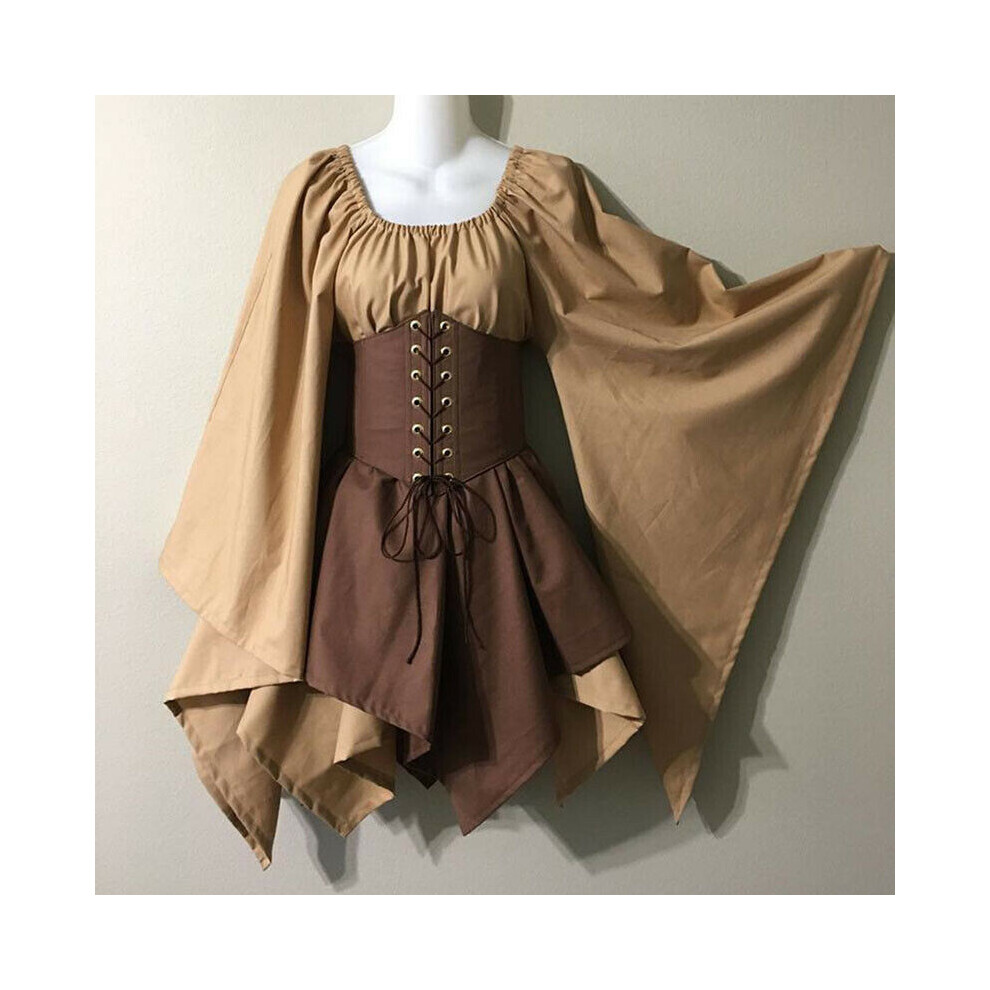(Khaki,4Xl)Mujeres Medievales Bosque Elfo Hada Vestido Corsé Conjunto Top Faldas Disfraz Halloween-image