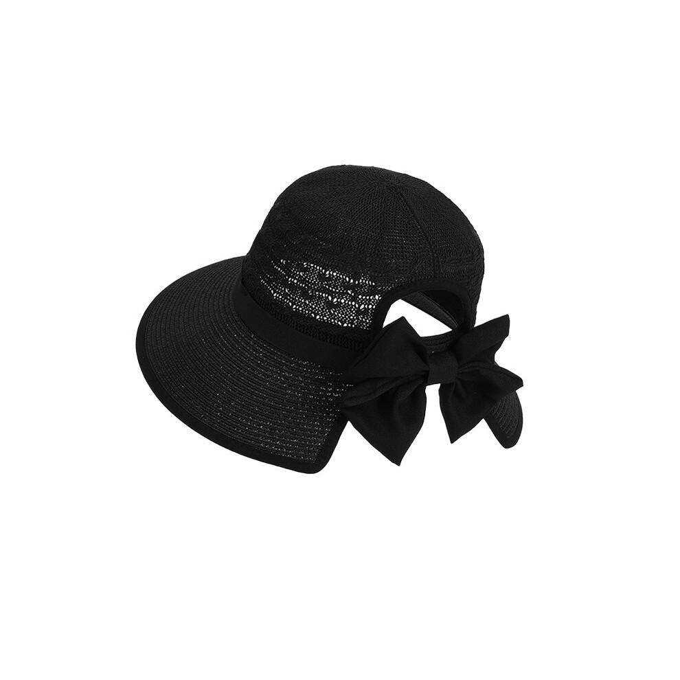 (Black) Ponytail Bow Tie Hole Straw Hat Women Sun Hat With Function Sunshade Ventilation-image-OPC-PJCQRFM-NEW