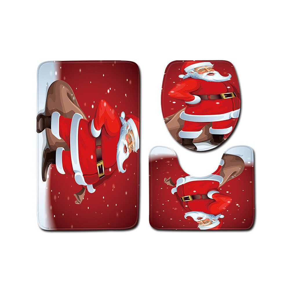 (Santa Claus-3pcs-45x75cm) Christmas 4pcs Shower Curtain Toilet Cushion Set Cover Mat Pad Xmas Bathroom Rug
