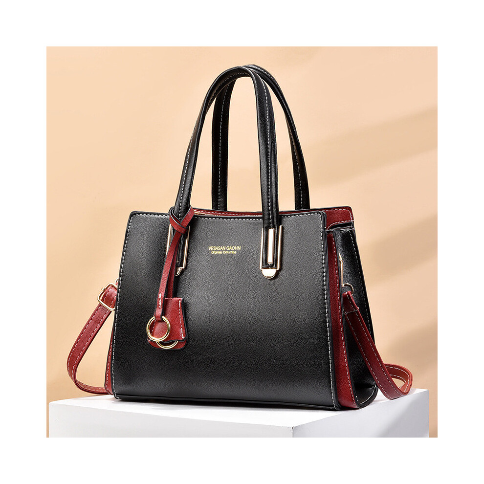 (Black) Luxurious Colorblock Handbag For Moms Stylish Pu Leather Tote Bag Everyday For Wear