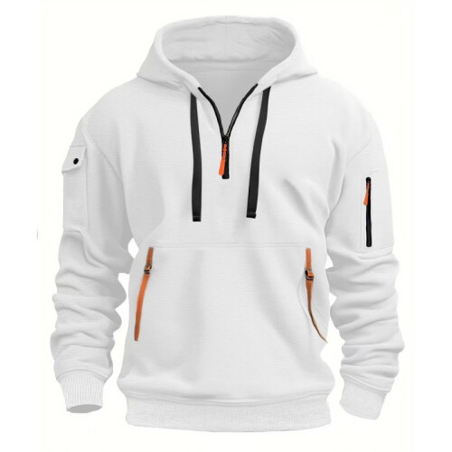 (White, M) Men Sweatshirt Winter Half Zip Up Jumper Hoodie Jacket Coat Keep Clothes Warm