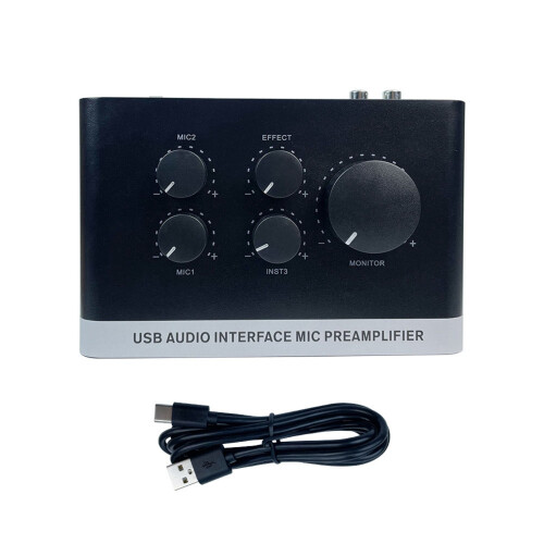 USB Sound Interface Card 48V Phantom Power Mixer Mic Preamplifier Black 2