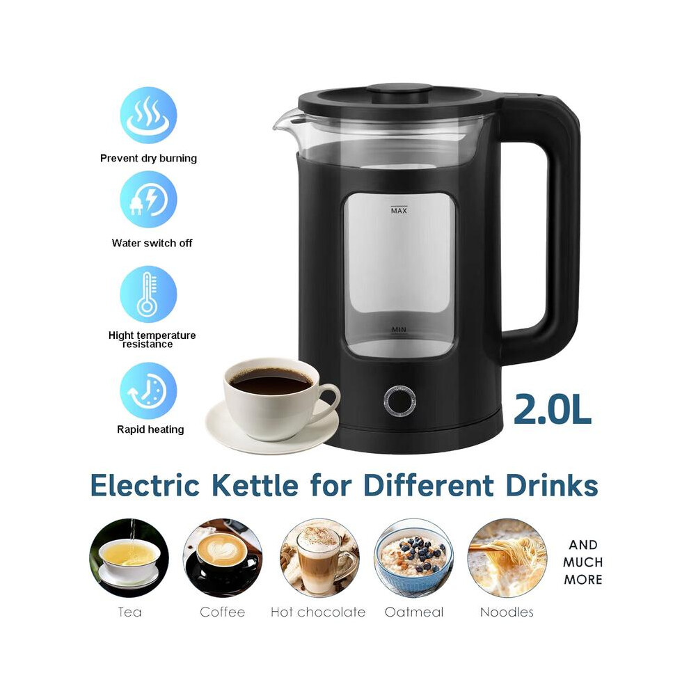 (Black) Electric Kettle, 2 Liter Quiet Fast Glass Kettle with Blue LED, Easy Clean Tool-image-OPC-PJCVHWK-NEW
