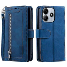 (Blue, Multicolor) For Xiaomi Redmi Note 14 4G Case Zipper PU Leather Phone Cover with 9 Card Holder - Blue
