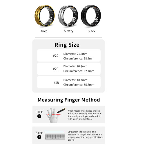 Smart-Ring Nr. 18 Gold 20 mAh Schlafmodus IP68 BT5.3 1