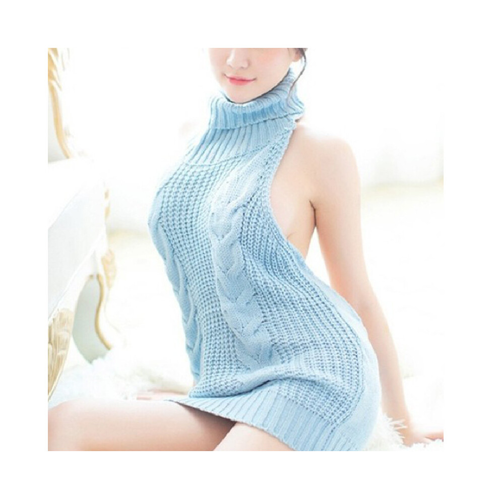 (Blue,S)Pull sexy dos nu femme pull sans manches col roulé pull cadeau robe