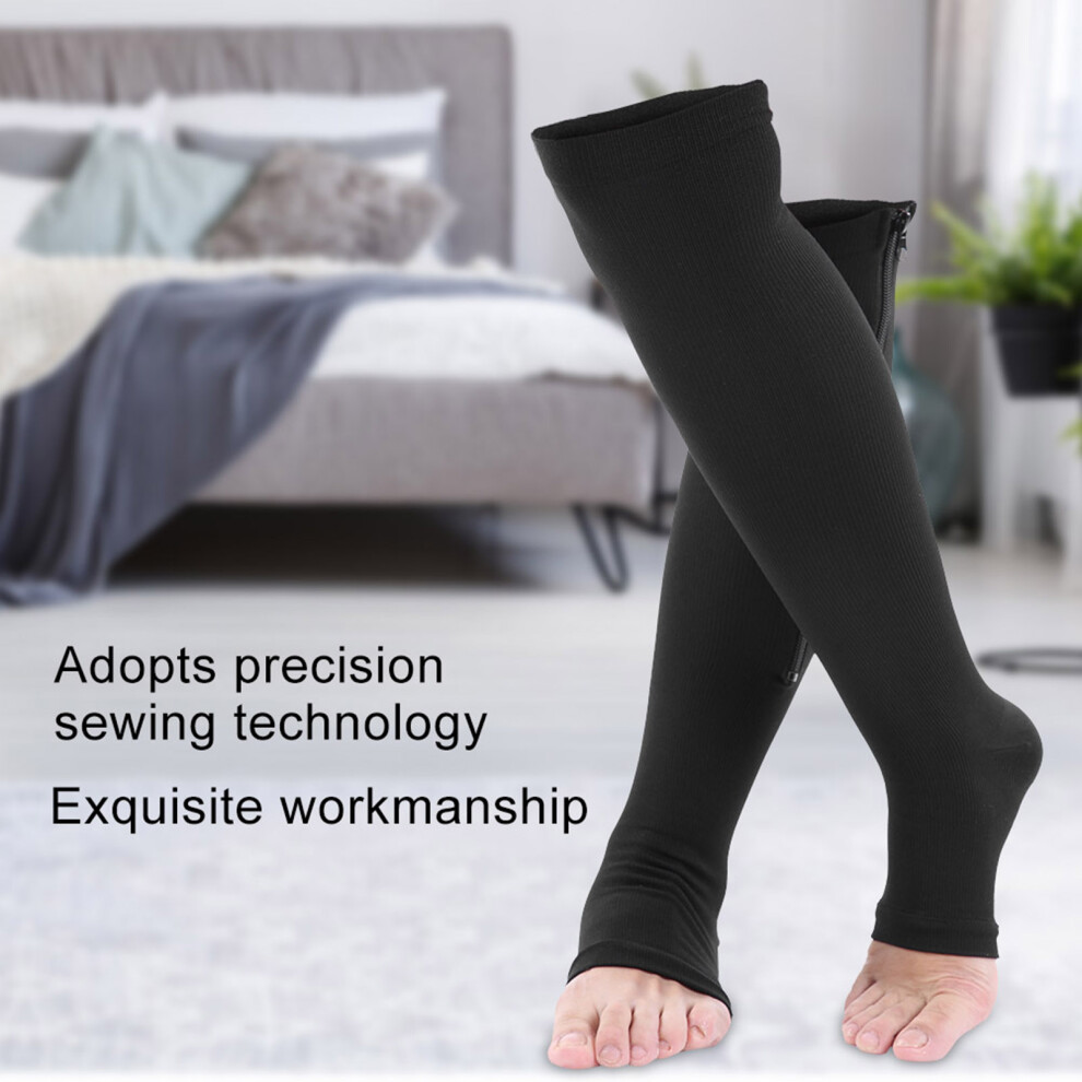 Black Middle Calf Knee Support Socks Zipper Design S/M/L/Xl/Xxl