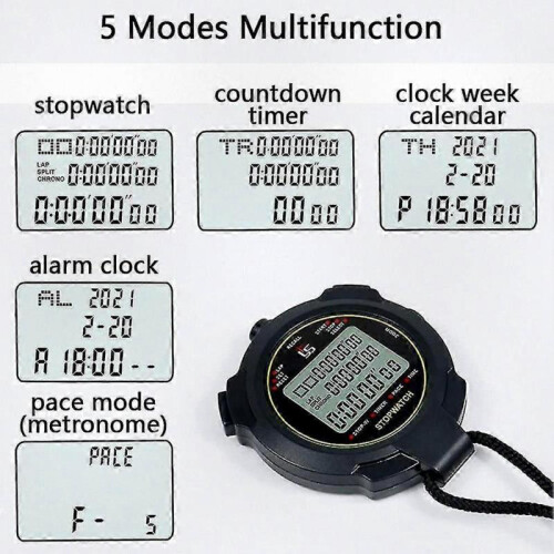 Digital Sports Stopwatch with 10-lap Split Memory and Countdown Timer, Waterproof Display with 12/24 Hour Format 1