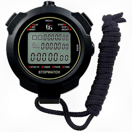 Digital Sports Stopwatch with 10-lap Split Memory and Countdown Timer, Waterproof Display with 12/24 Hour Format