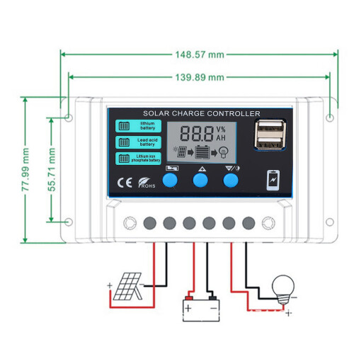 Adaptiver 12V/24V LCD PWM-Solarregler 10A 1