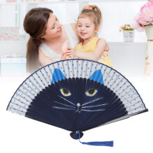 Éventail pliant gris à motif de chat de dessin animé, cadre en bambou 38x21cm