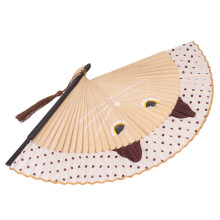 Éventail pliant en bambou Chat de dessin animé 38 x 21 cm Marron