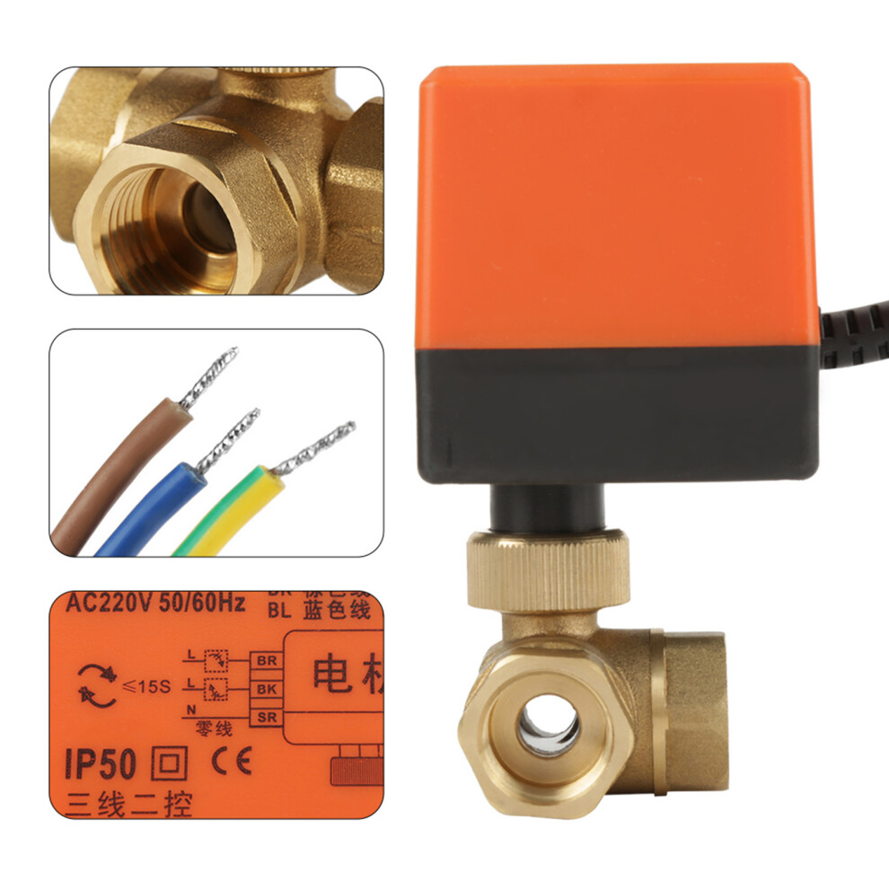 G1/2" Brass 3-Way Motorized Ball Valve 220Vac Flow Control 5061334350525