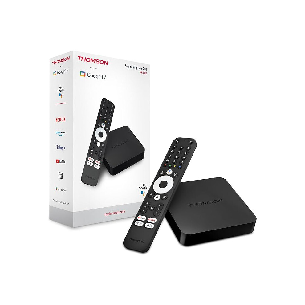 Thomson Streaming Box 240, Google Tv, 4K Uhd, Google Assistant, Google Cast, Wi-Fi, Bluetooth 5.0, Hdmi 2.1, Dolby Atmos, Dolby Digital+, Hdr10,