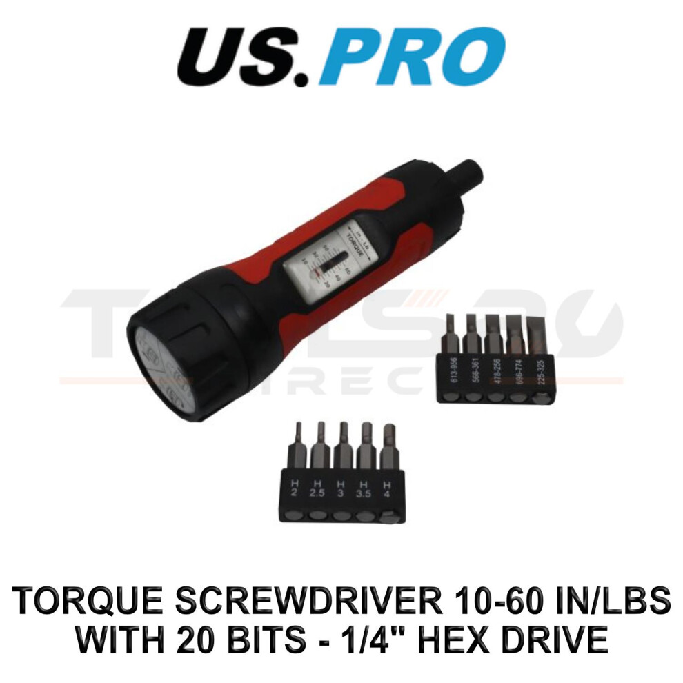 US PRO Tools Torque Screwdriver 10-60 In/lbs With 20 Bits - 1/4" Hex Drive 4622-image-OPC-PJCXCYS-NEW