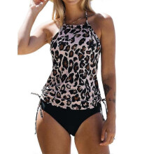 (S, Leopard) Women Swimwear Tankini Set Beachwear Swimsuit Halter Tops Briefs Bathing Suit