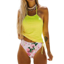 (S, Yellow) Women Swimwear Tankini Set Beachwear Swimsuit Halter Tops Briefs Bathing Suit