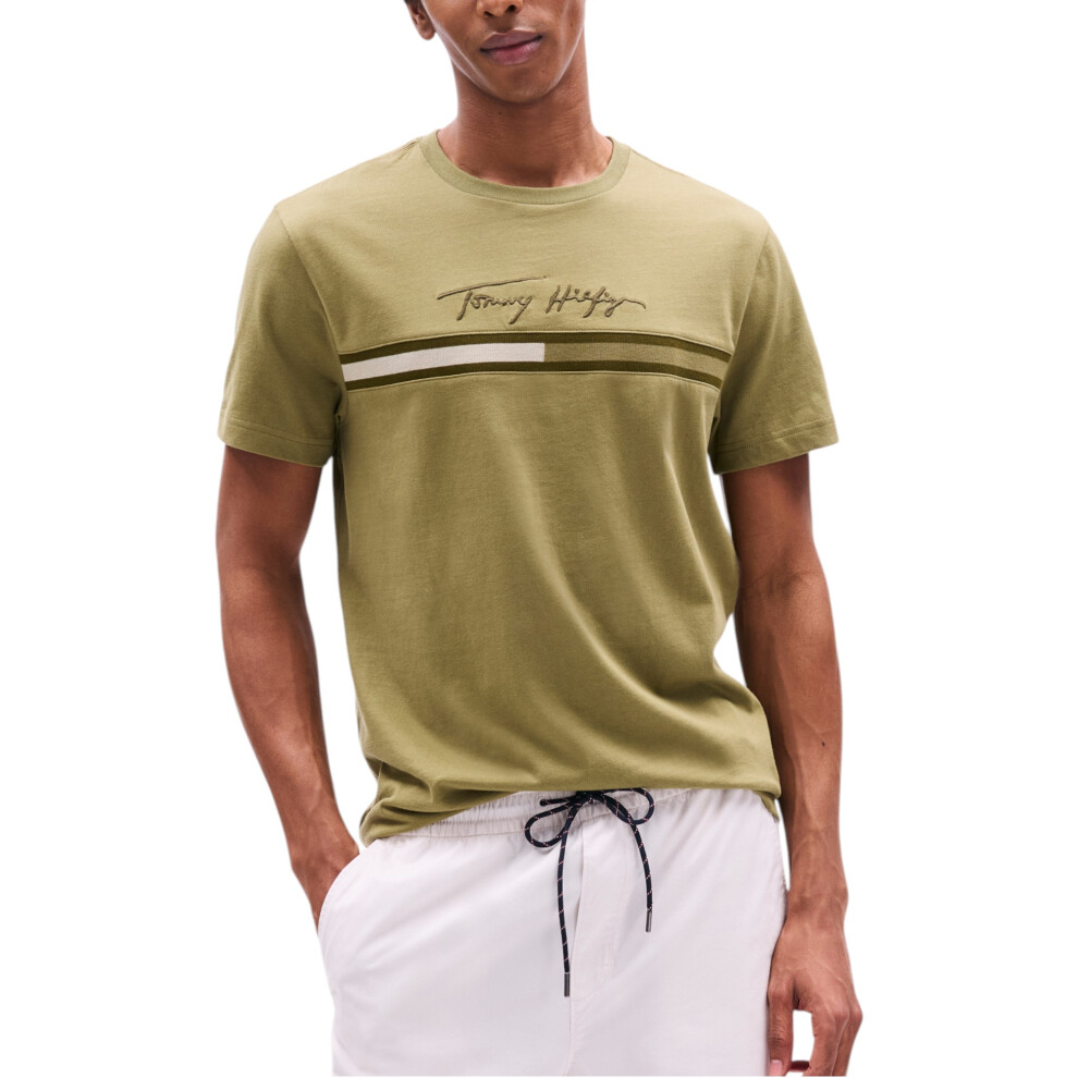 Tommy Hilfiger (Olive, M) Mens T Shirts Signature Tonal Flag Logo Summer Cotton Tino Tee Green