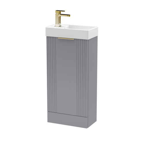 Balterley Grey 400mm Floor Standing Cloakroom Vanity Basin Unit with Brushed Brass Handle Compact Bathroom Storage