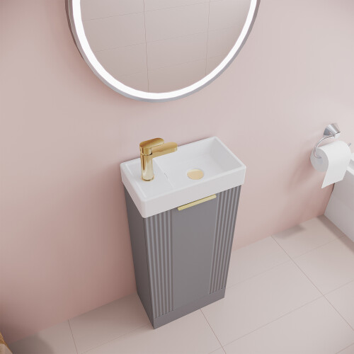 Balterley Grey 400mm Floor Standing Cloakroom Vanity Basin Unit with Brushed Brass Handle Compact Bathroom Storage 2