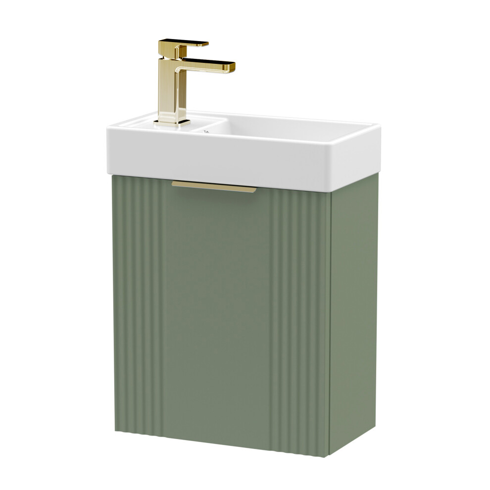 Balterley Green 400Mm Wall Hung Cloakroom Vanity Basin Unit With Brushed Brass Handle Compact Bathroom Storage