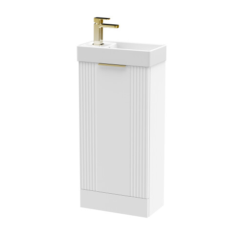 Balterley White 400mm Floor Standing Cloakroom Vanity Basin Unit with Brushed Brass Handle Compact Bathroom Storage 1