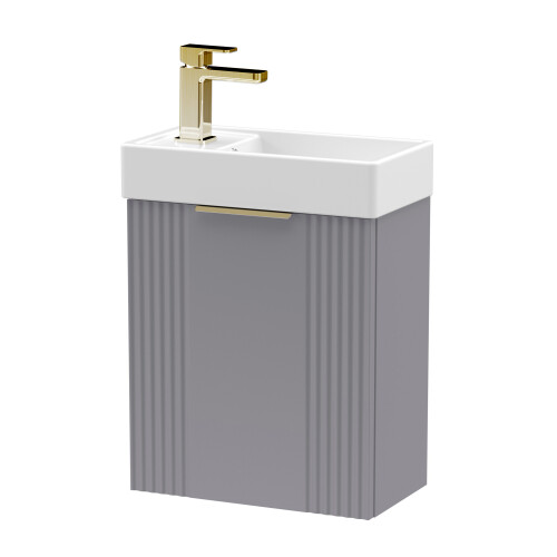 Balterley Grey 400mm Wall Hung Cloakroom Vanity Basin Unit with Brushed Brass Handle Compact Bathroom Storage