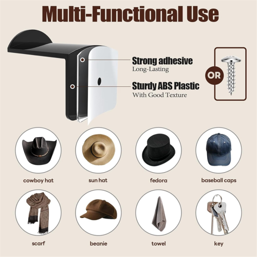 2.8In Hat Hooks for Wall - (8 Pack) Cowboy Hat Rack,Cap Holder, Black 2